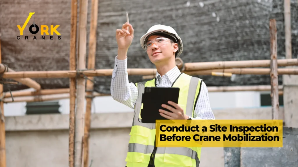 Site engineer performing a crane inspection checklist before crane mobilization to ensure safe lifting operations and site readiness