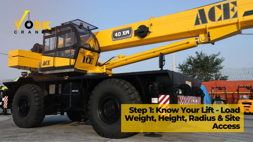 Site engineer assessing load weight, lifting height, radius and site access before starting the crane rental process in Hyderabad.