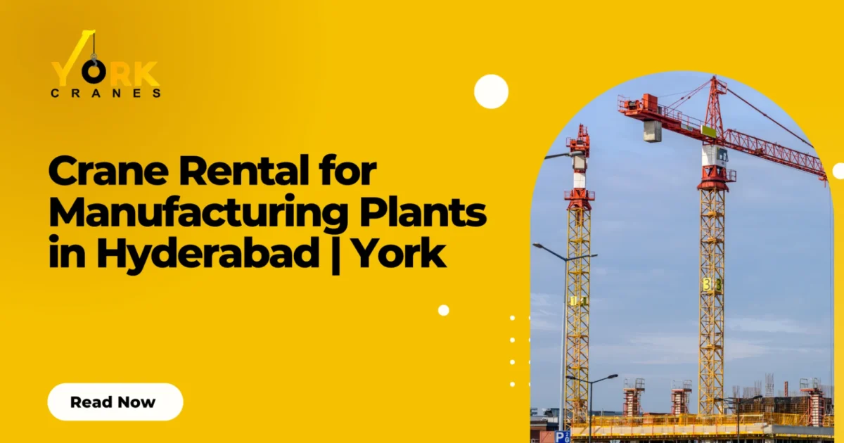 Industrial crane rental in Hyderabad lifting heavy machinery at a manufacturing plant for installation, maintenance and factory operations.
