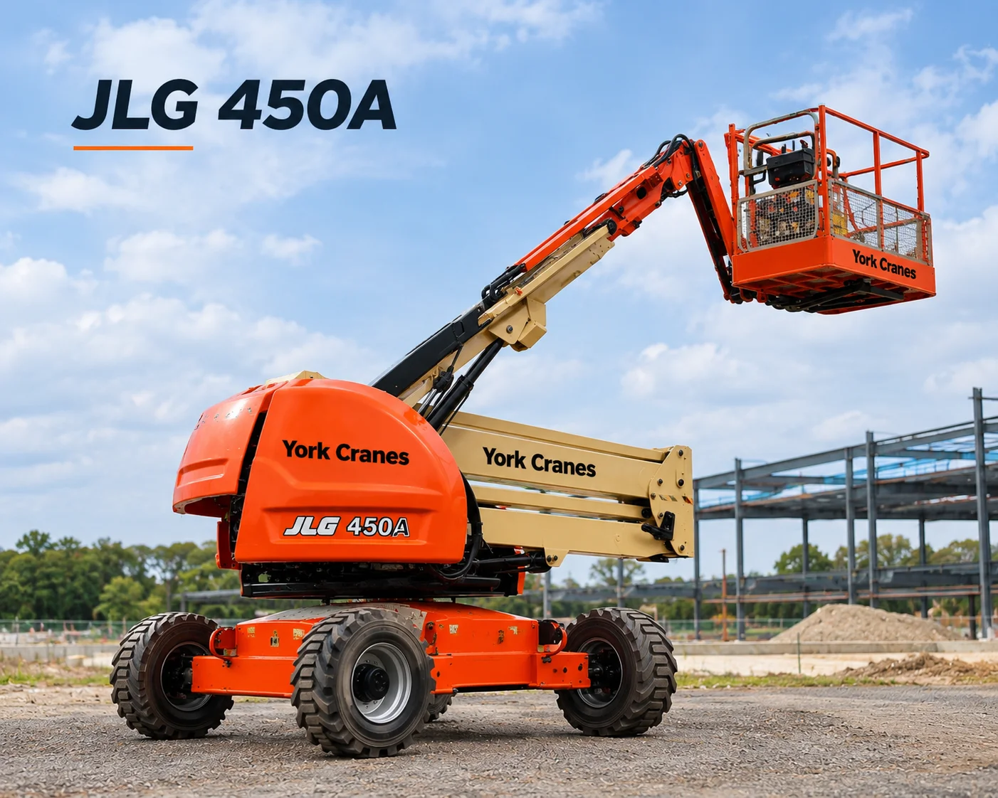 JLG 450A boom lift rental in India provides a 45 ft mobile boom lift for construction, maintenance, and elevated access work.